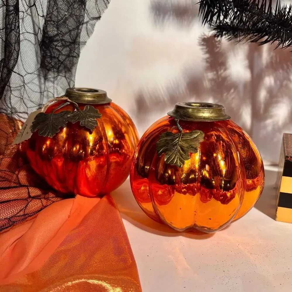 Pair of Orange Mercury Glass Pumpkin Shaped Candle Holders 4 inches